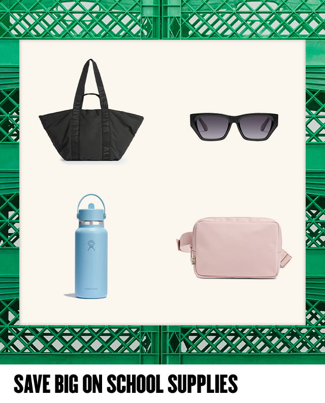 A blue water bottle, black sunglasses, a pink belt bag and a black tote bag. 