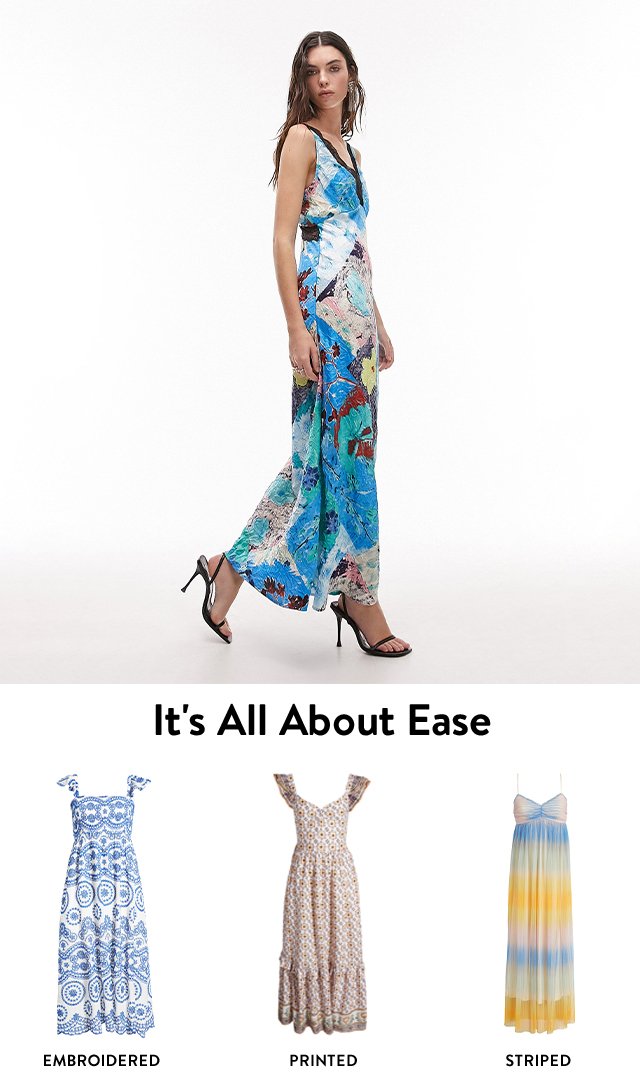 An embroidered maxi dress. A printed maxi dress. A striped maxi dress. A woman wearing a floral maxi dress.