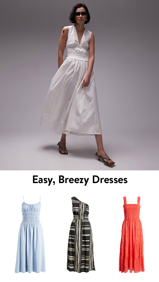 A woman wearing a white sundress. A light-blue dress sundress, a striped one-shoulder dress, a tiered red sundress.