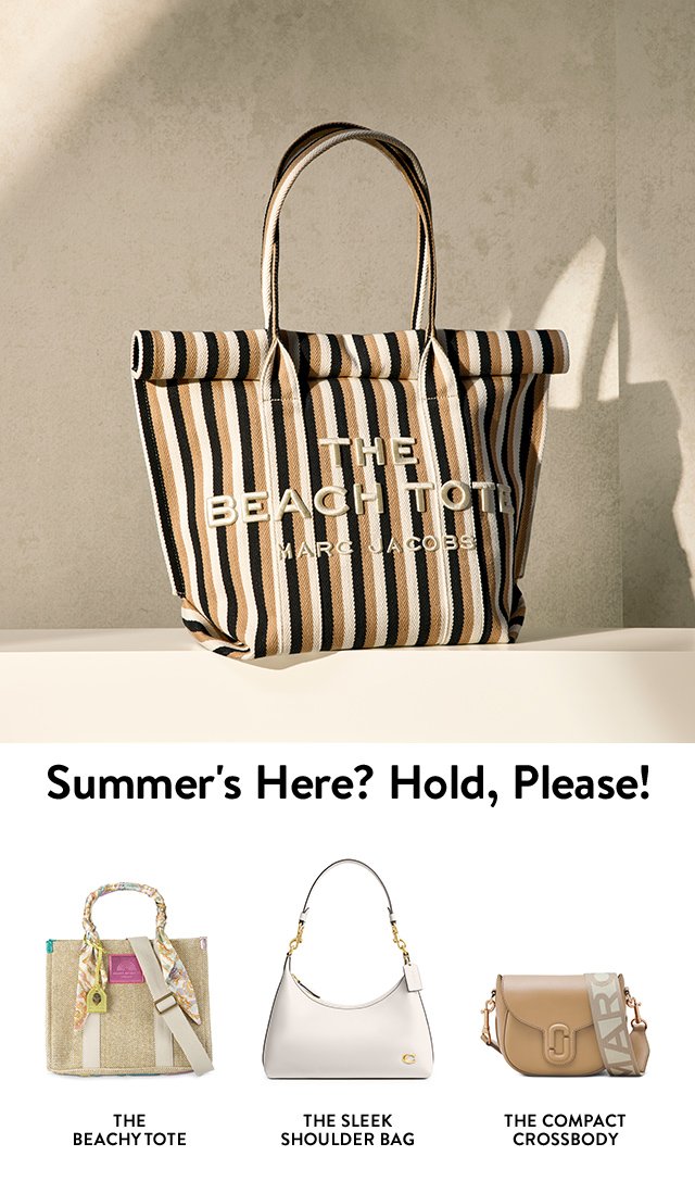 A striped tote bag. A woven tote, white shoulder bag, tan crossbody bag.