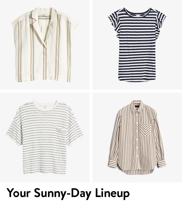 A striped button-up top, a striped flutter-sleeve top, a striped pocket tee, a striped button-up shirt. 