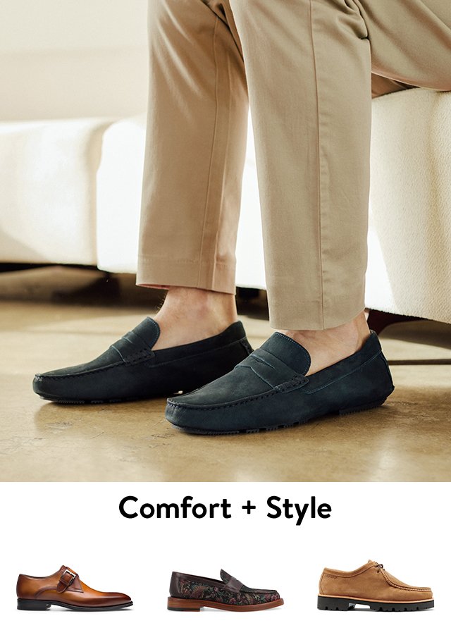 Modal wearing suede driving moccasins. Polished monk strap dress shoes. Patterned fabric loafers. G.H.Bass chukkas.