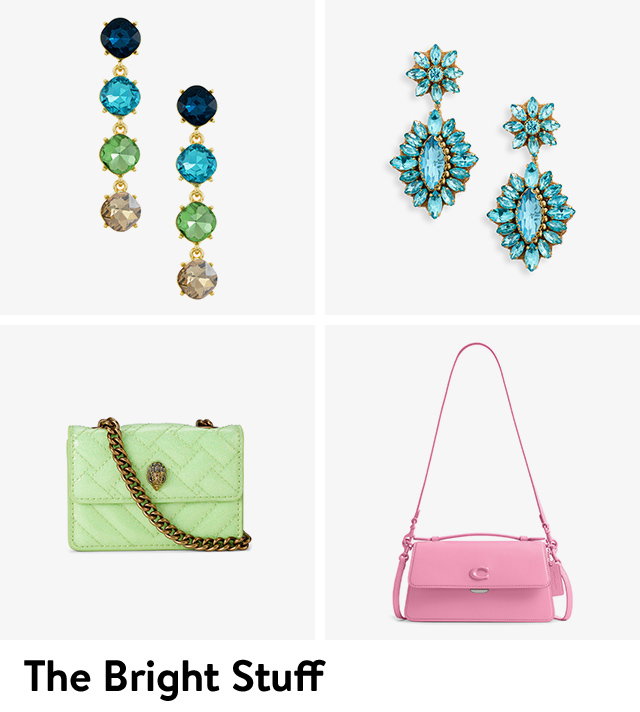 Color-pop accessories: multicolor crystal drop earrings, blue crystal drop earrings, a quilted green crossbody bag, a pink leather shoulder bag.