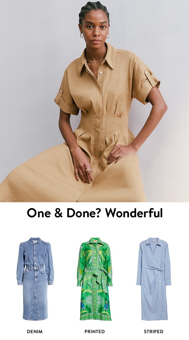 A denim shirtdress. A green shirtdress with tropical bird print. A blue-and-white striped shirtdress. A woman wearing a khaki shirtdress.