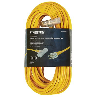 Strongway Extension Cord with Triple Adapter, 100ft., 12/3 Ga., 15 Amps, Model# 201703008001