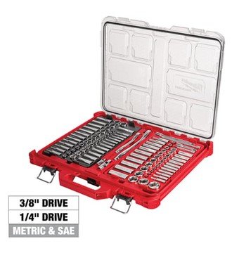 Milwaukee 106-Pc. Combo Kit, 56-pc. 3/8in.-Drive Ratchet and Socket Set, 50-Pc. 1/4in.-Drive Ratchet and Socket Set, and Packout Organizer, SAE/Metric, Model# 48-22-9486