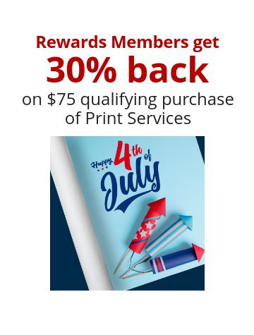 Rewards Members get 30% back on \\$75 qualifying purchase of Print Services