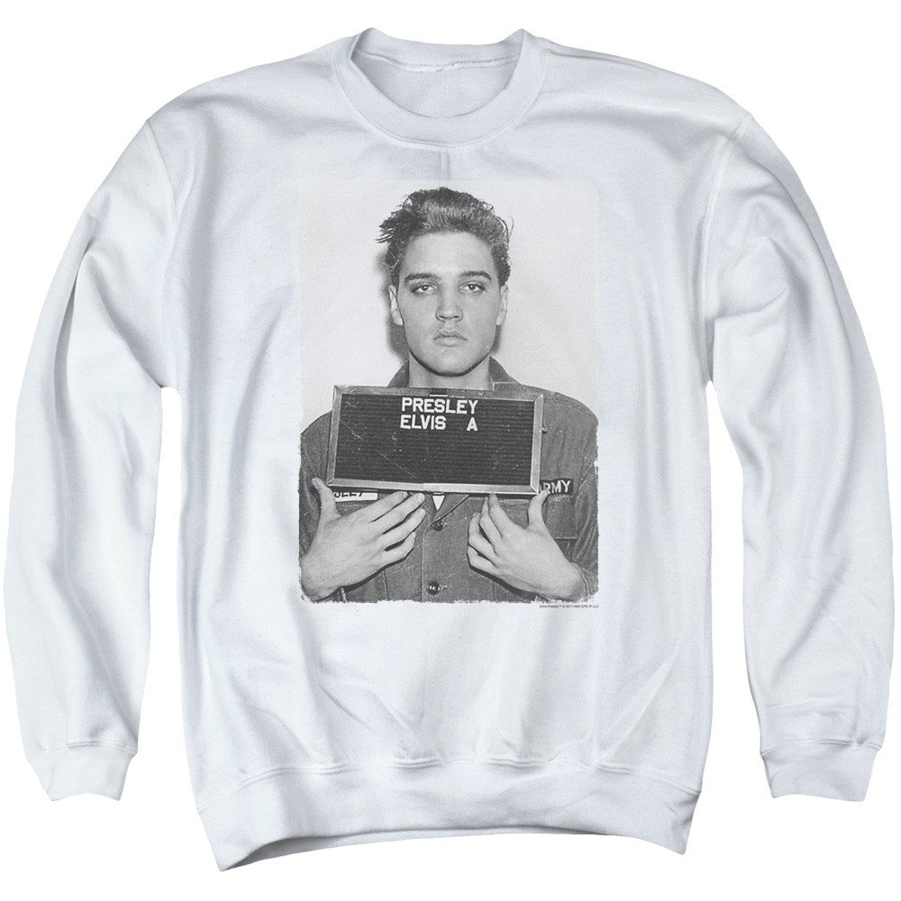 Image of Elvis Presley Army Mug Shot Classic Adult Crewneck Sweatshirt White