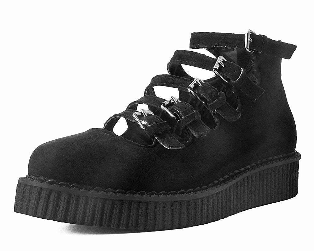 Image of Black Faux Suede Multi-Strap Pointed Mary Jane Creeper