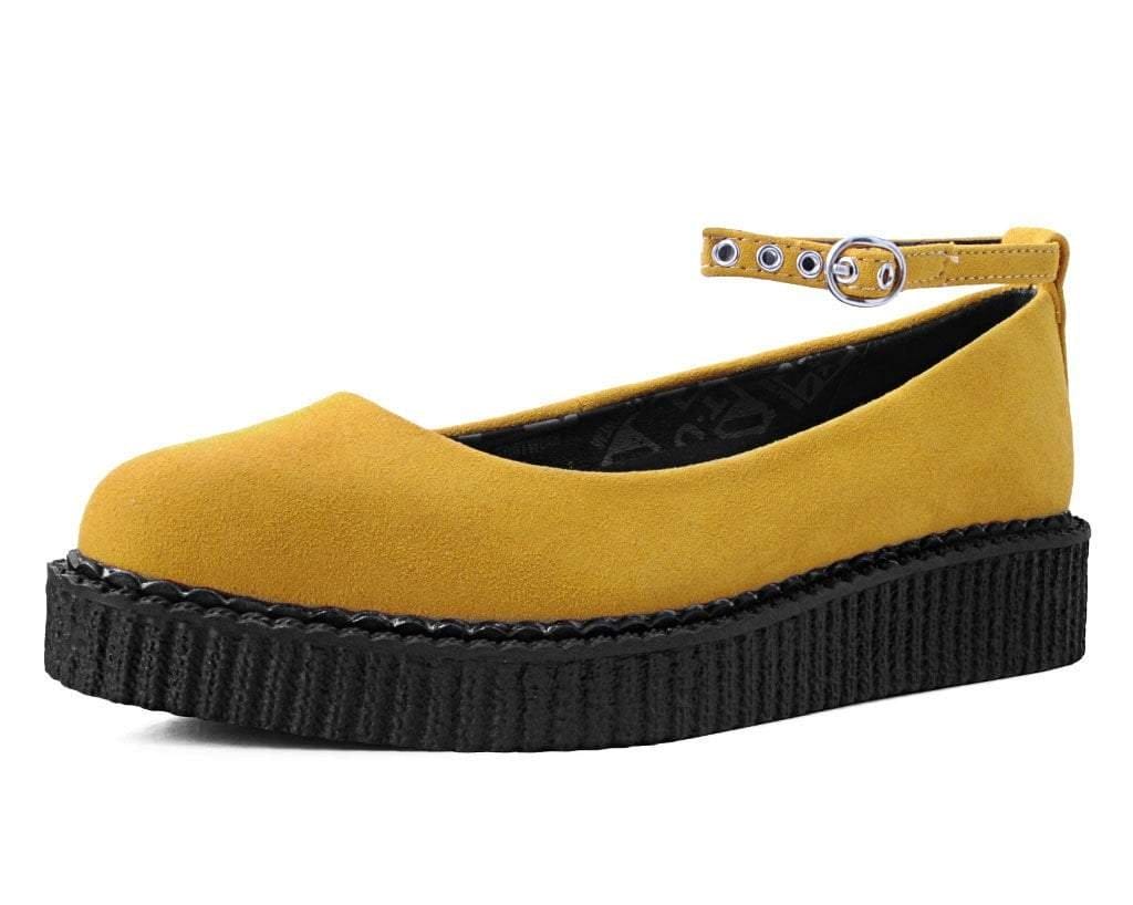 Image of Mustard Faux Suede Pointed Ballet Ankle Strap Creeper