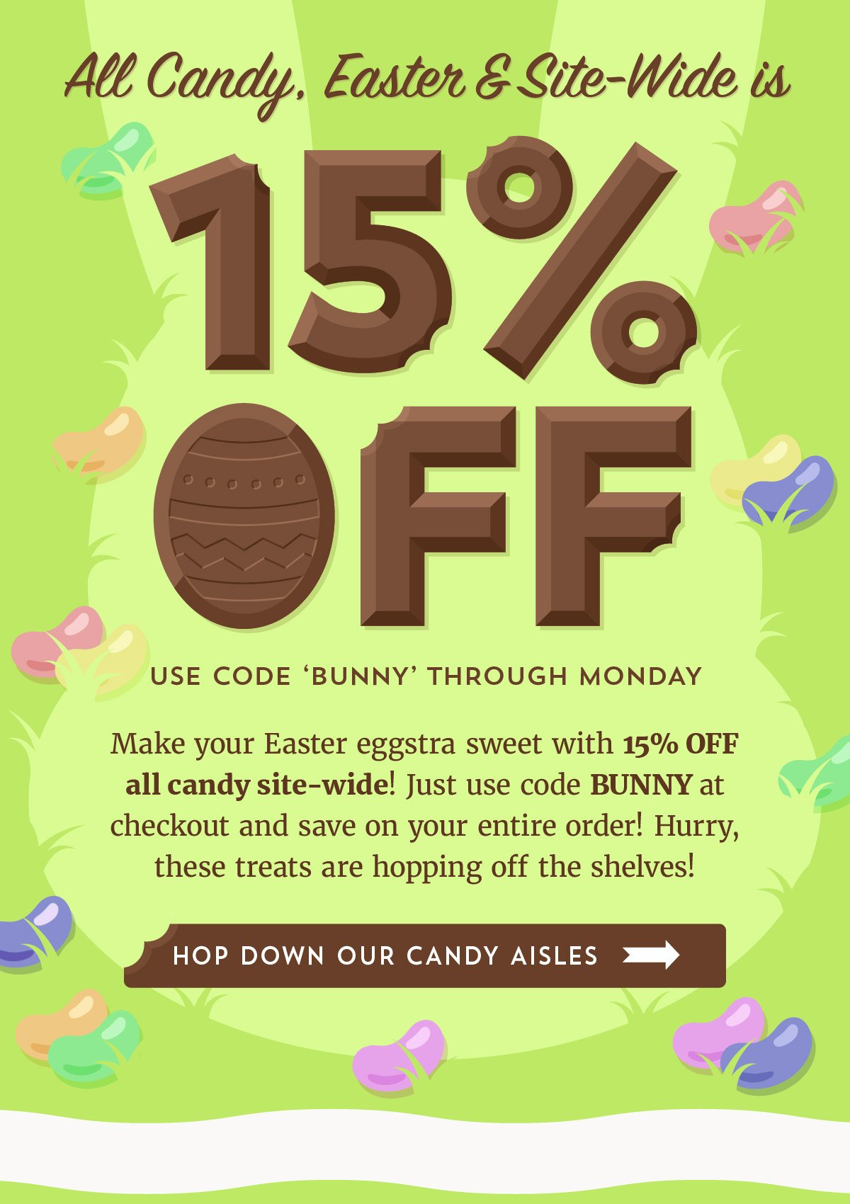 Easter Promo Graphic. Save 15% site-wide with code BUNNY.