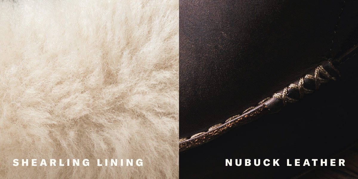 Images of shearling lining and nubuck leather