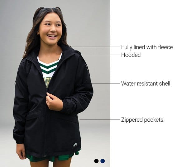 Fully lined with fleece, hooded, water resistant, zippered pockets