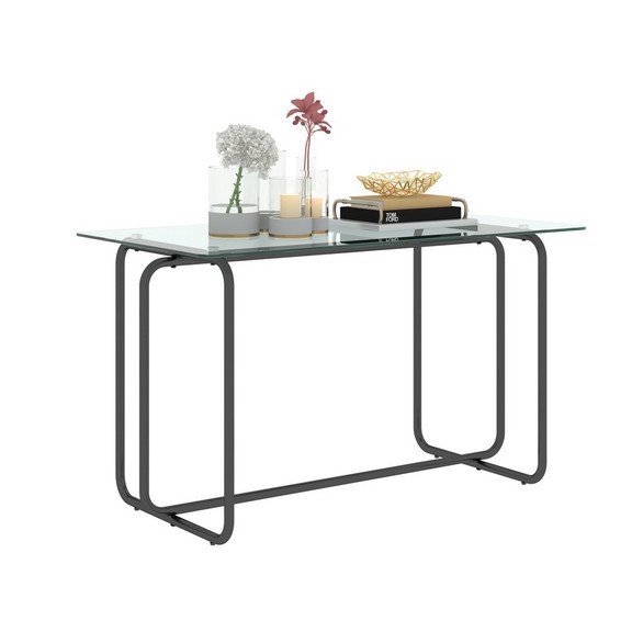 1-Piece Rectangle Dining Table with Black Metal Frame, Tempered Glass Dining Table for Kitchen Room