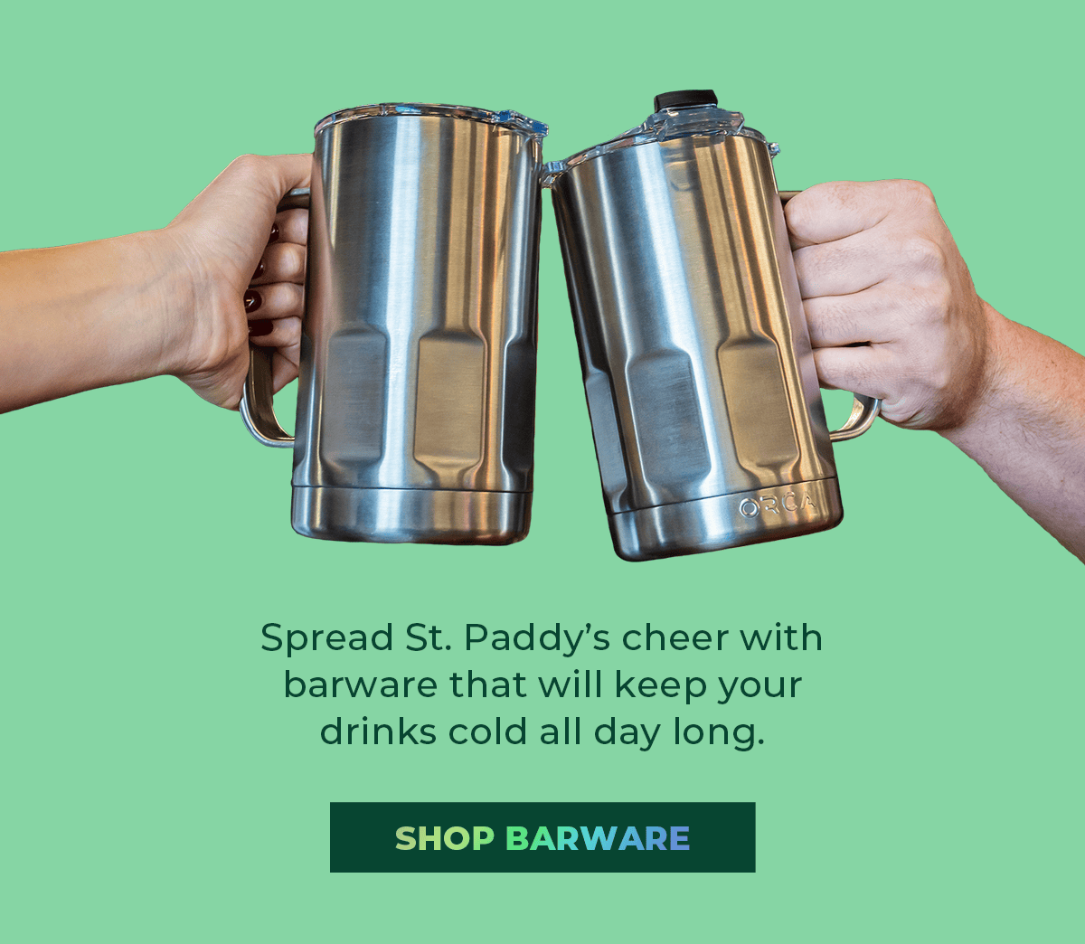 Image of two Stein's cheering with text reading "shop barware"