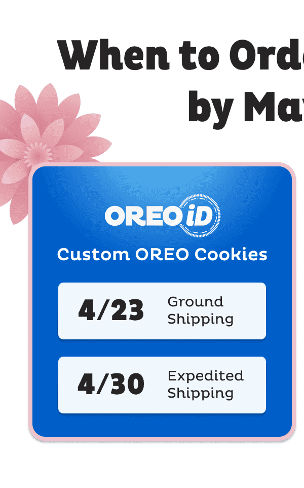 when to receive order by May 12 OREOiD: 4/23 - ground shipping, 4/30 - expedited shipping
