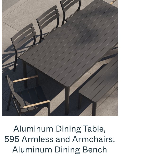 Aluminum Dining Table, 595 Armless and Armchairs, Aluminum Dining Bench