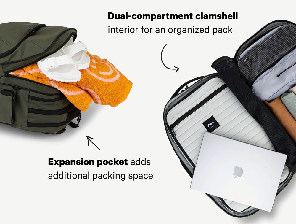 Dual-compartment clamshell interior for an organized pack