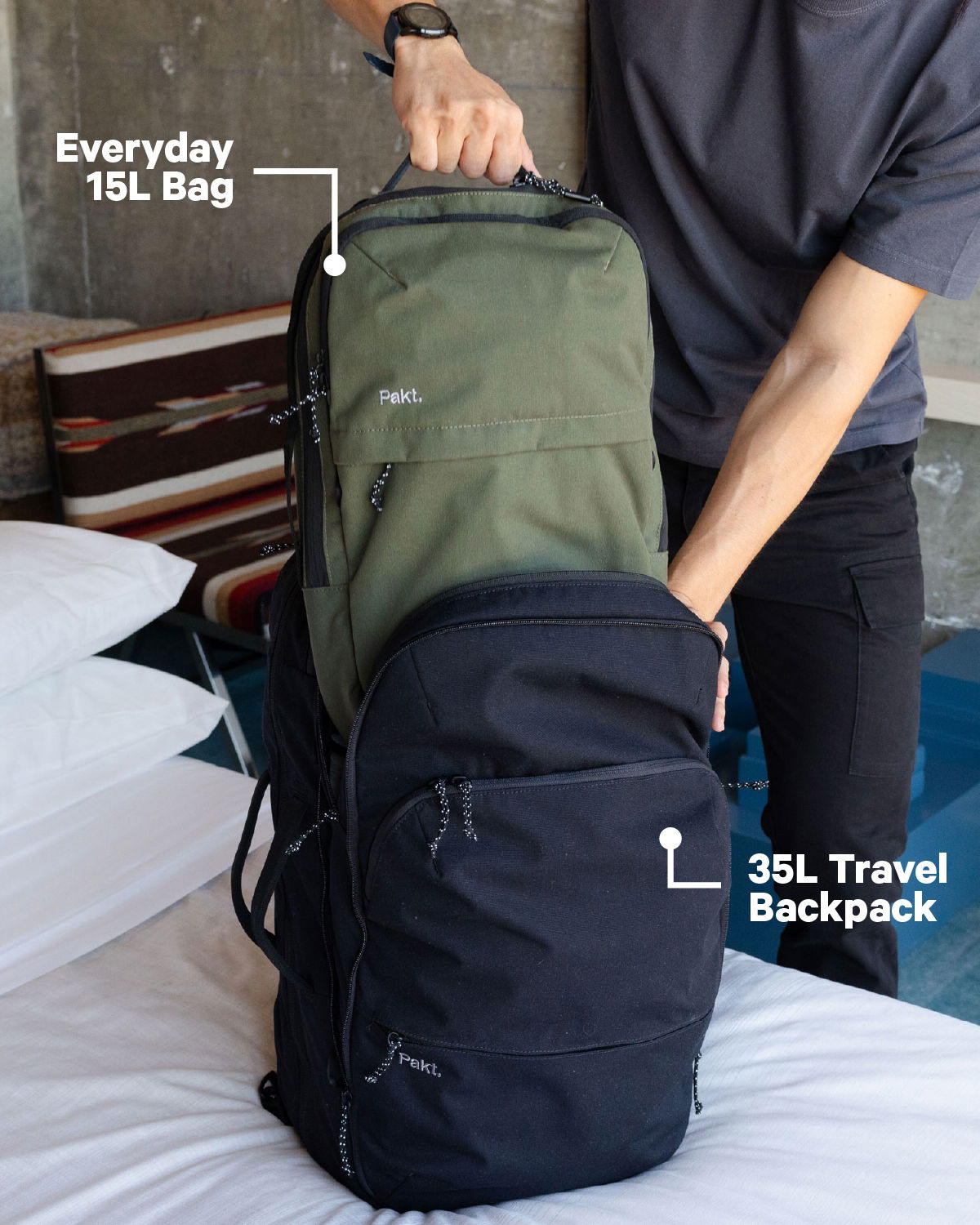 The Travel Backpack + the Everyday 15L Bag