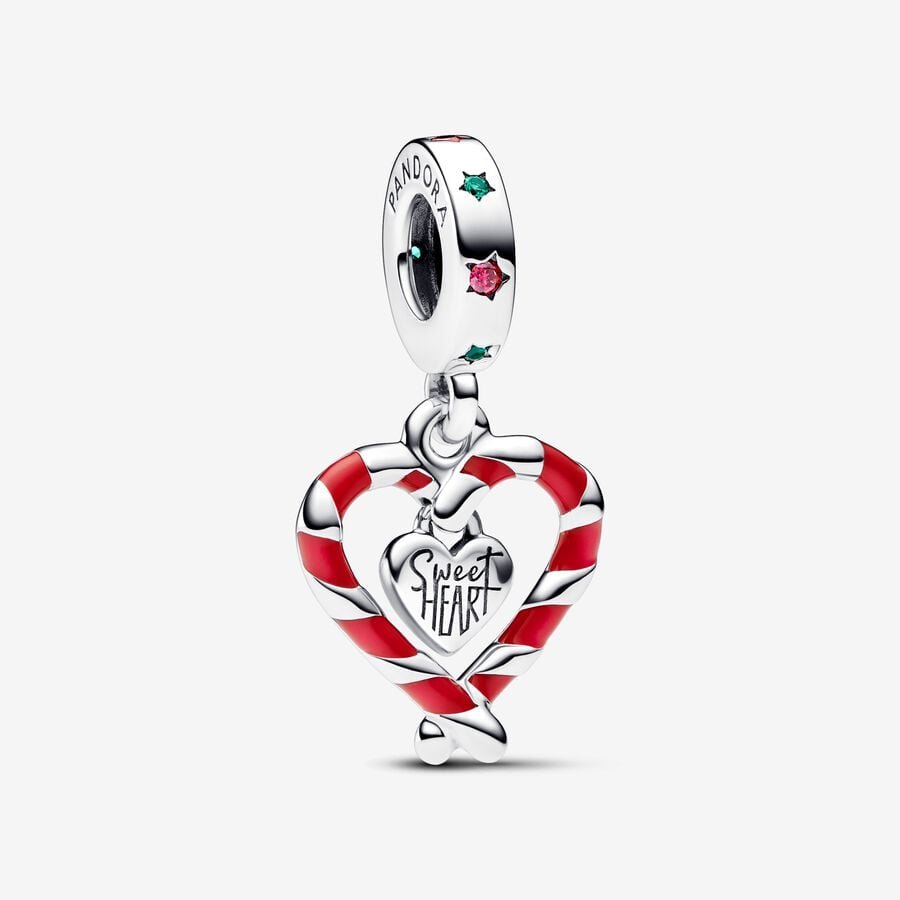 Double Candy Cane Heart Christmas Dangle Charm