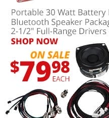 Portable 30 Watt Battery Powered Bluetooth Speaker Package with 2.5-inch Full-Range Drivers, on sale for \\$79.98. Shop Now