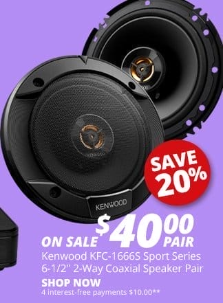 Kenwood KFC-1666S Sport Series 6.5-inch 2-Way Coaxial Speaker Pair, ON SALE \\$40.00 a pair. SAVE 20 PERCENT. Shop Now