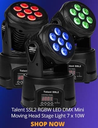 Talent SSL2 RGBW LED DMX Mini Moving Head Stage Light 7 x 10W. SHOP NOW