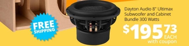 Dayton Audio 8-inch Ultimax Subwoofer and Cabinet Bundle 300 Watts, \\$195.73 each with coupon plus FREE SHIPPING.