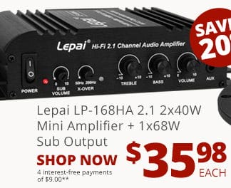 Lepai LP-168HA 2.1 2x40W Mini Amplifier + 1x68W Sub Output, \\$35.98 each. SHOP NOW