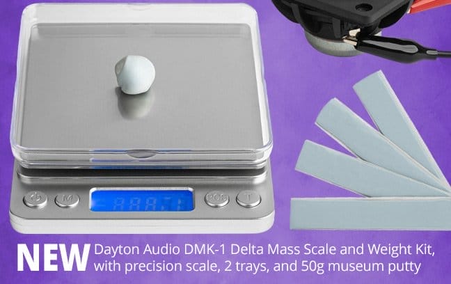 NEW—Dayton Audio DMK-1 Delta Mass Scale and Weight Kit, with precision scale, 2 trays, and 50 grams of museum putty.