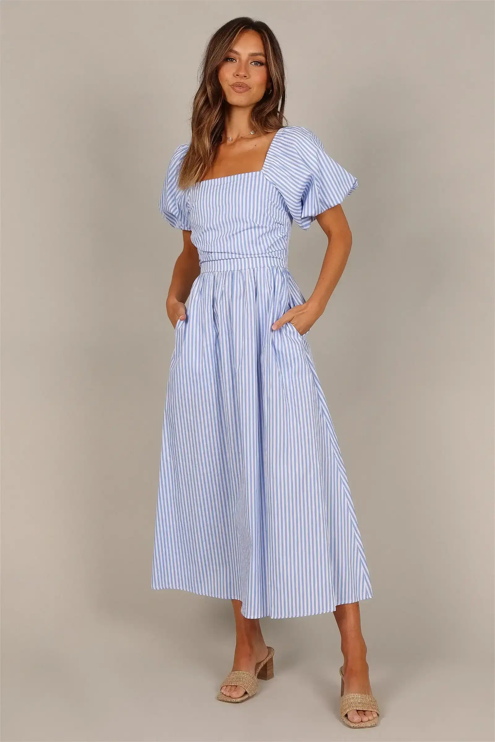 Image of Clo Puff Sleeve Midi Dress - Blue Stripe