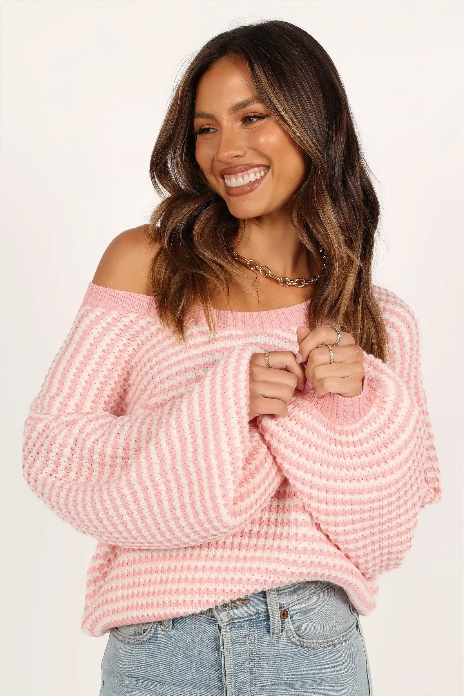 Image of Becca Crewneck Waffle Stitch Stripe Knit Sweater - Pink