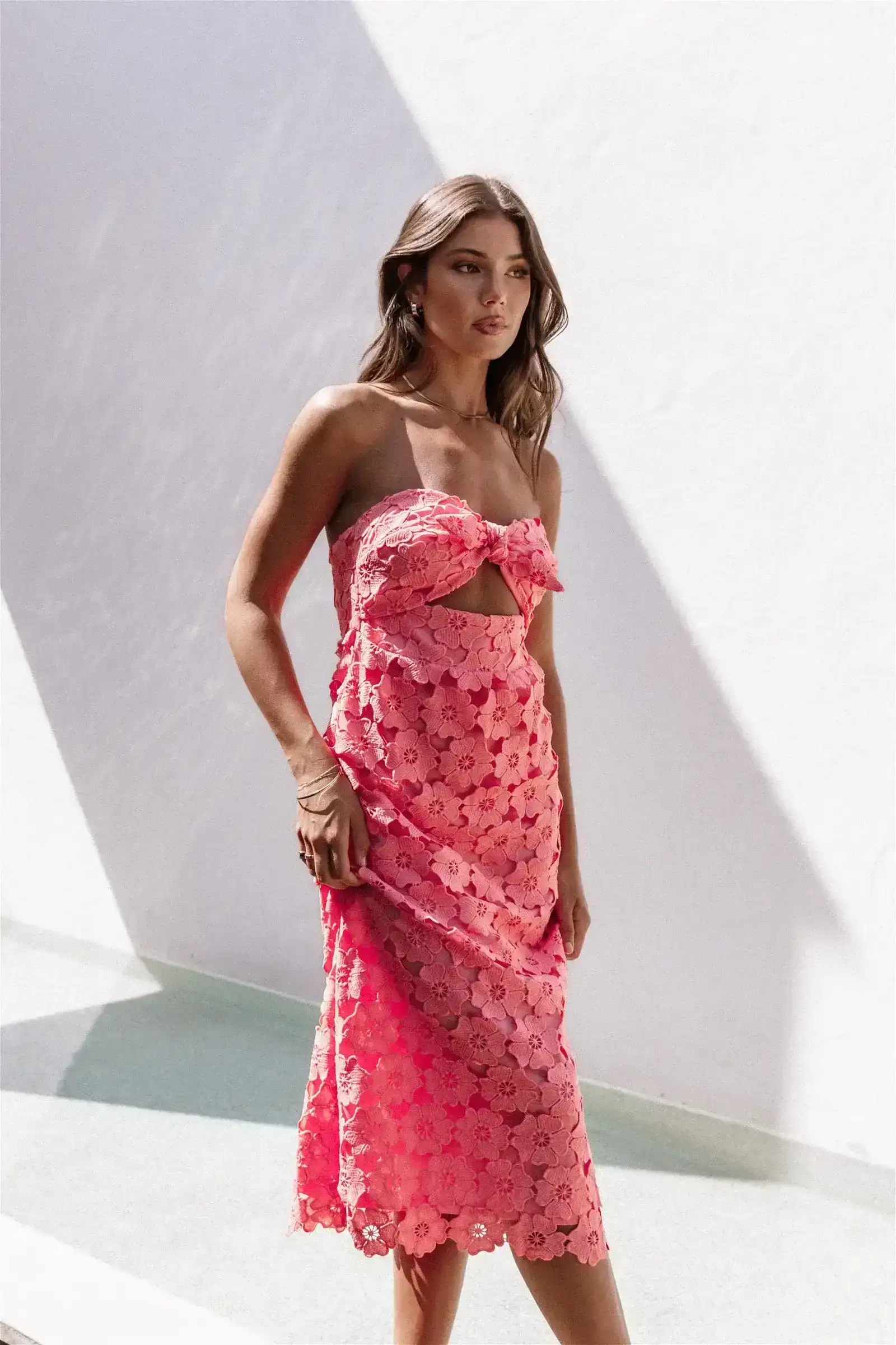 Image of Tyler Strapless Midi Dress - Watermelon