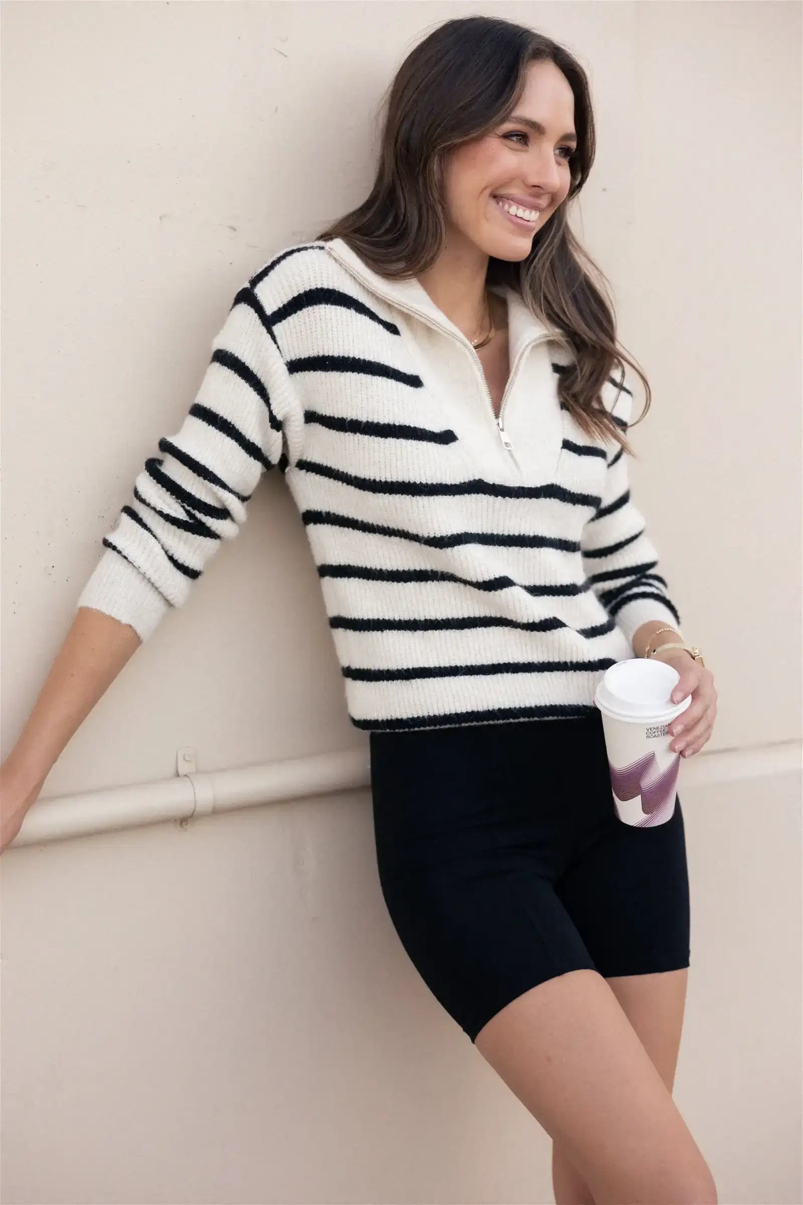 Image of Everleigh Quarter Zip Striped Knit Sweater - Cream