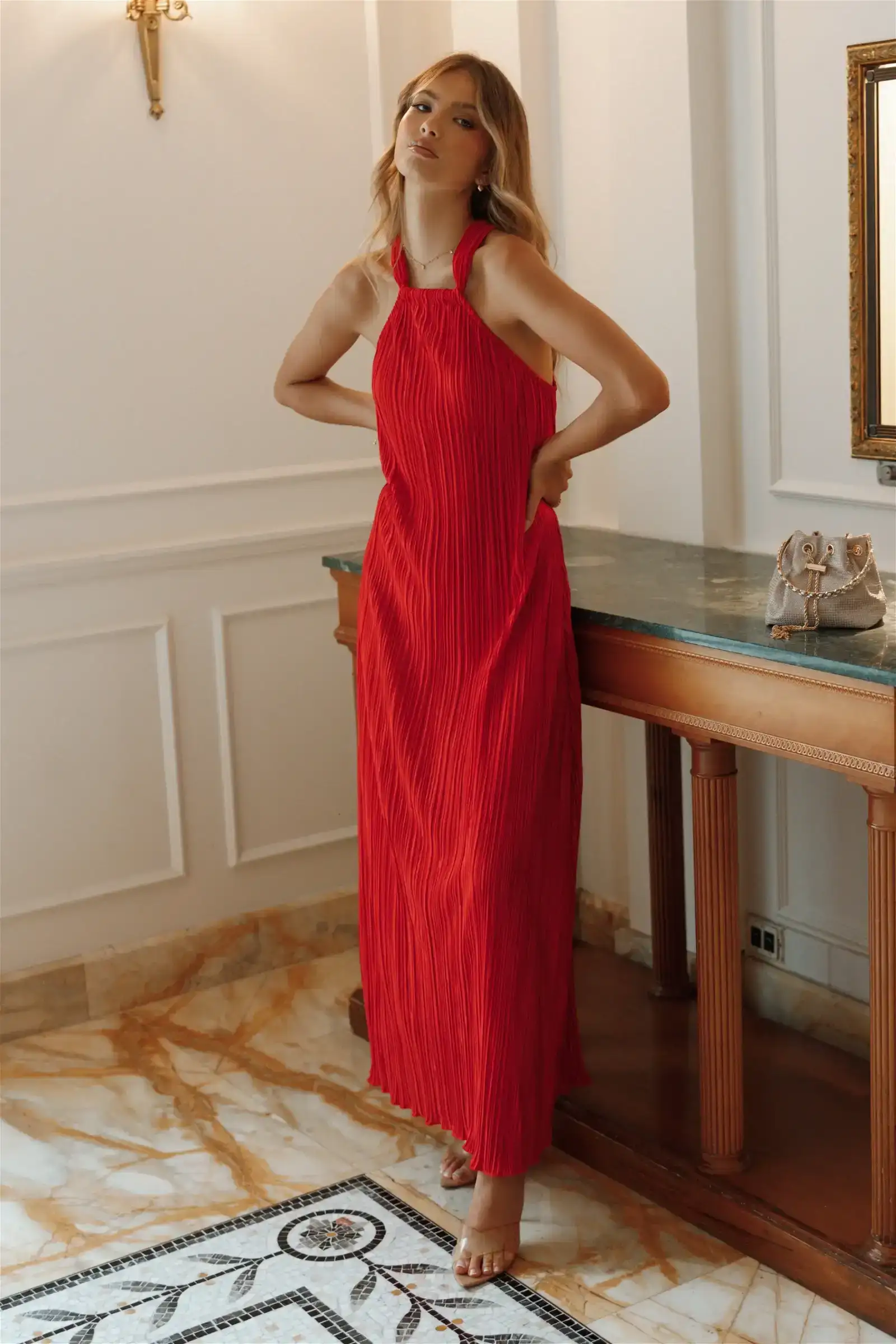 Image of Melody Halterneck Plisse Midi Dress - Red