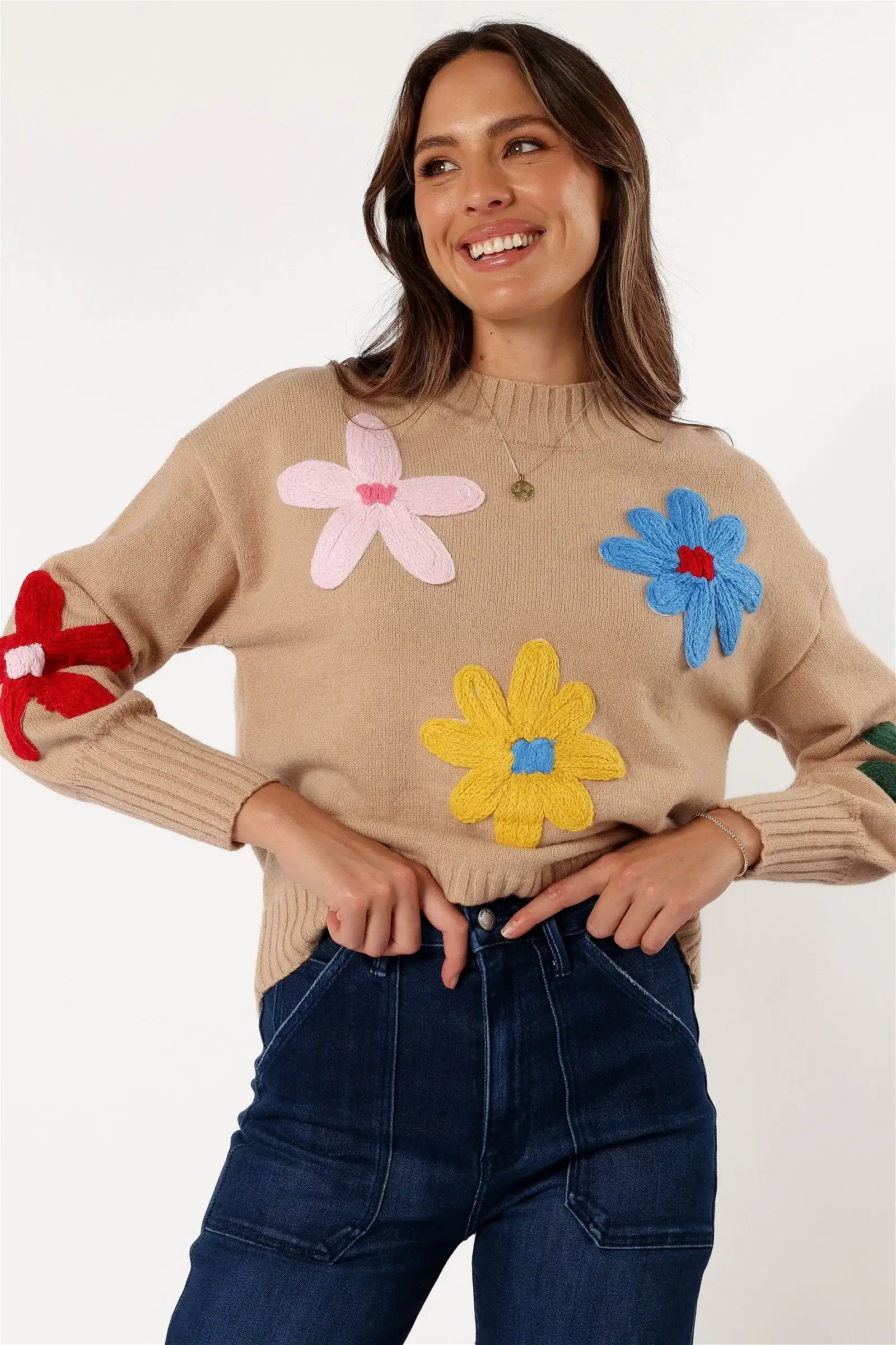 Image of Raelynn Multi Color Flower Knit Sweater - Camel
