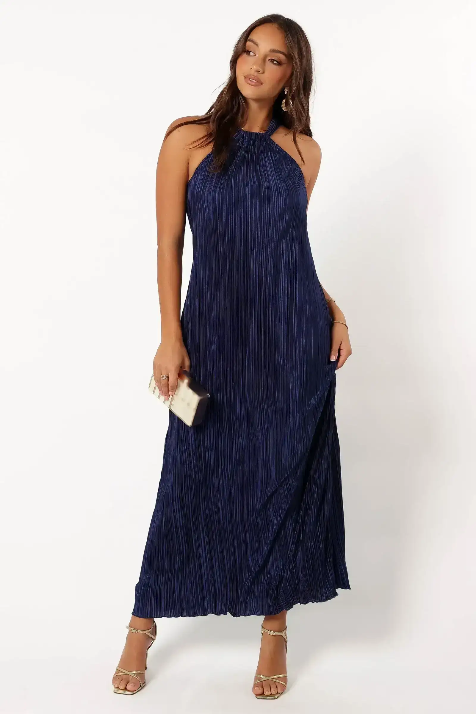 Image of Melody Plisse Halter Maxi Dress - Navy