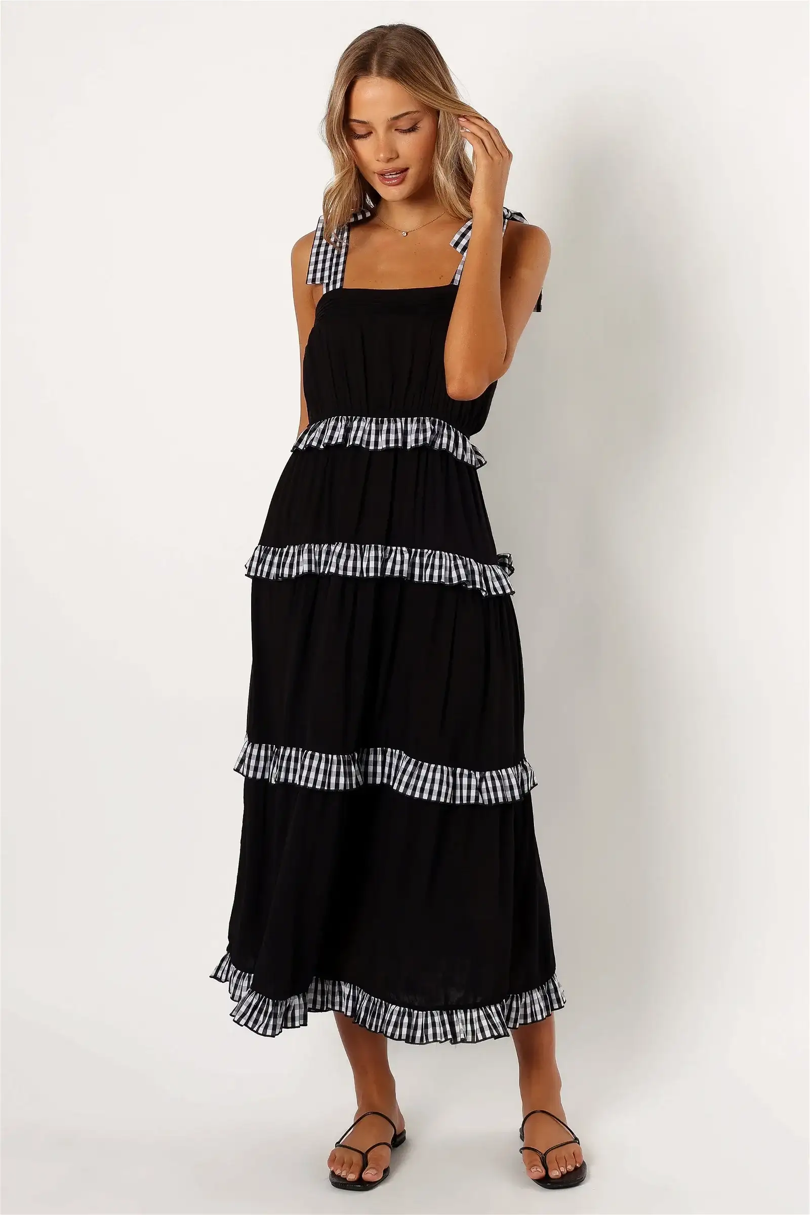 Image of Chanty Tiered Midi Dress - Black Gingham