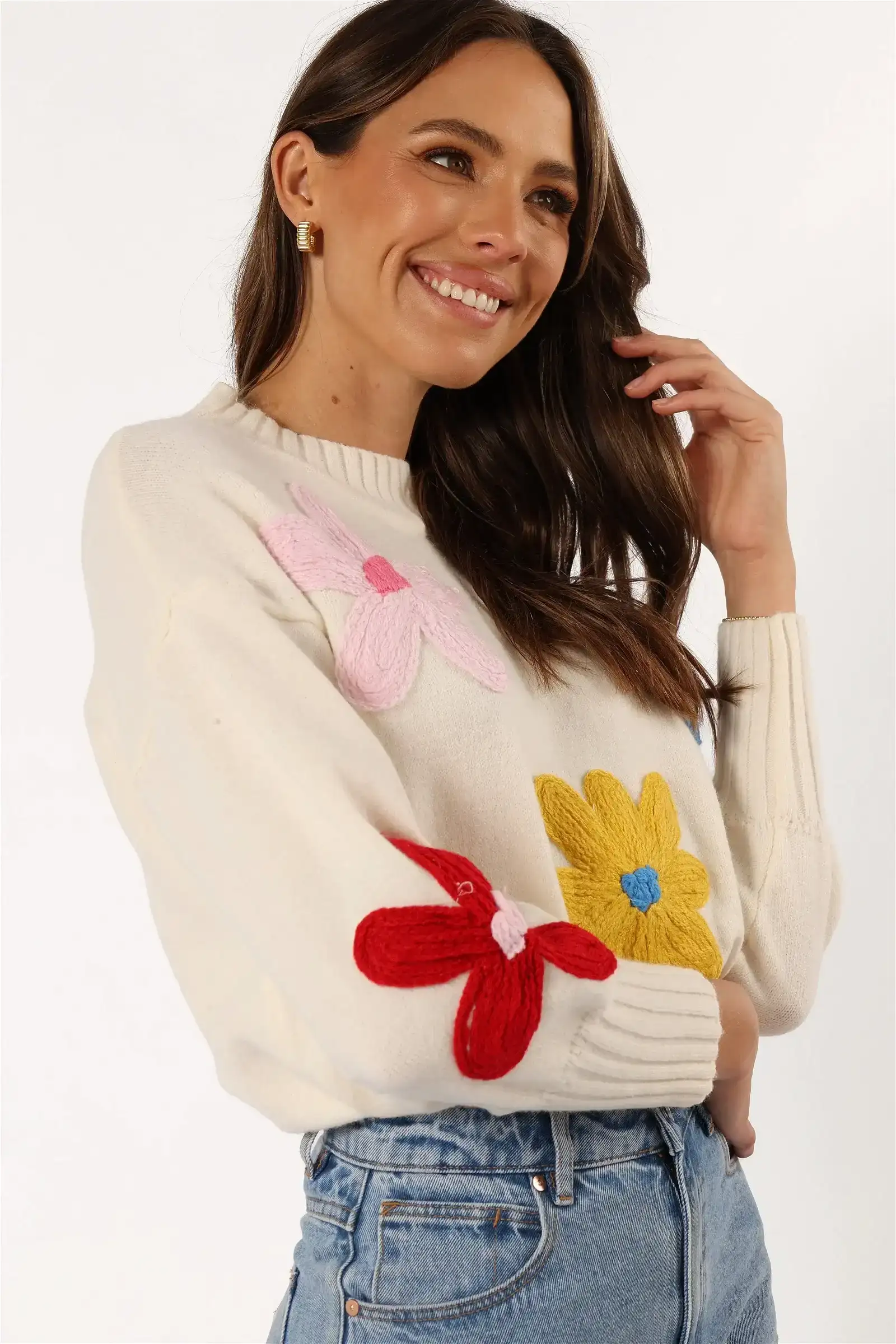 Image of Raelynn Multi Color Flower Knit Sweater - Cream