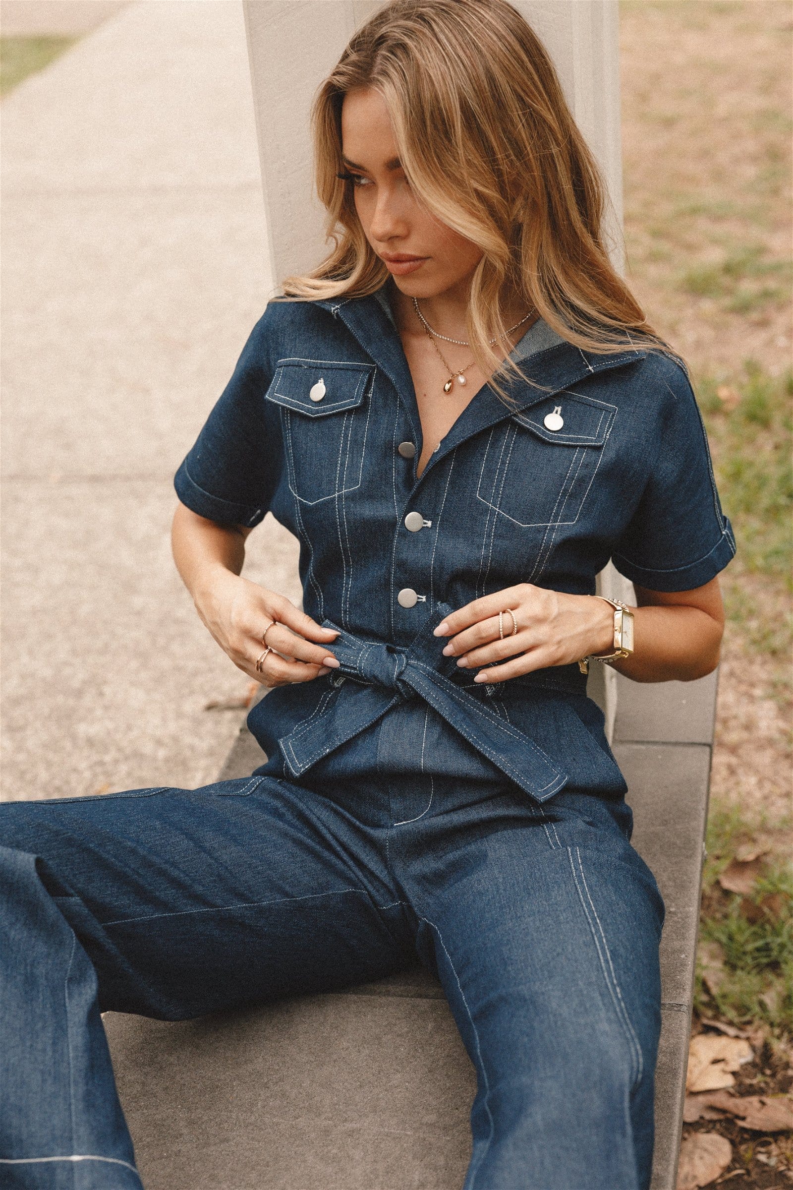 Image of Demi Contrast Stitch Jumpsuit - Dark Denim