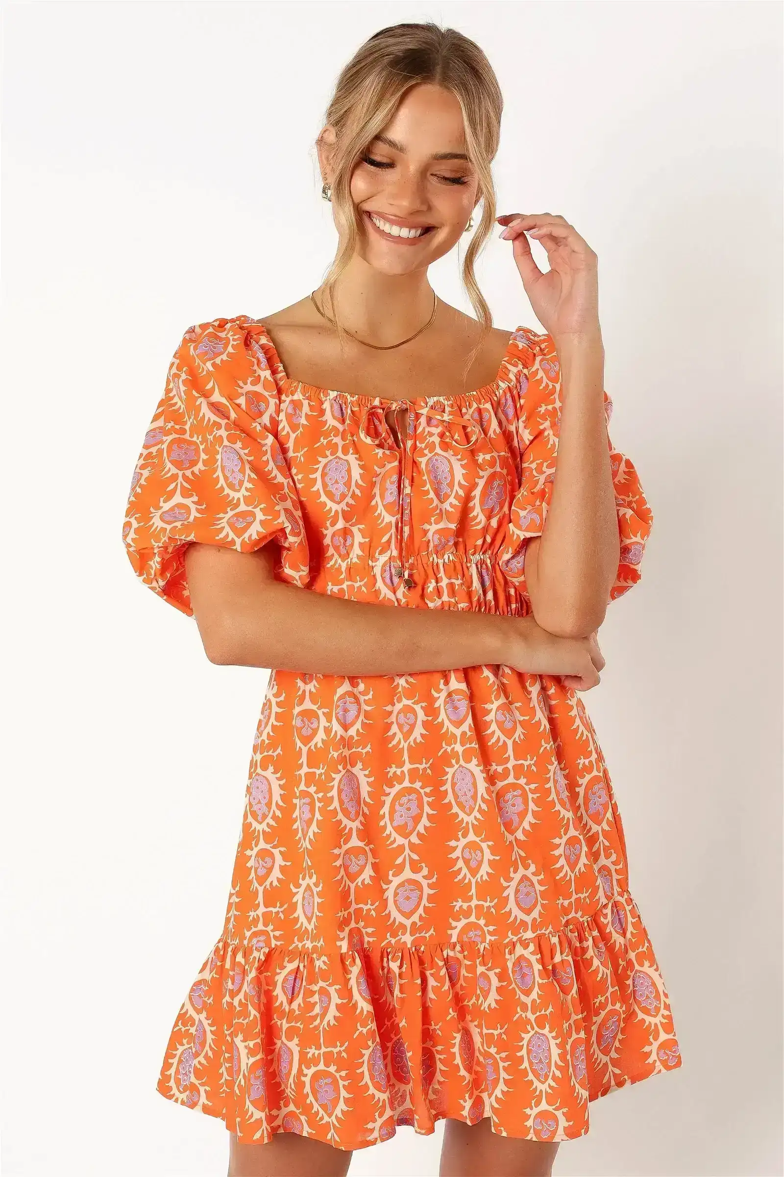 Image of Carmen Off Shoulder Mini Dress - Orange Print