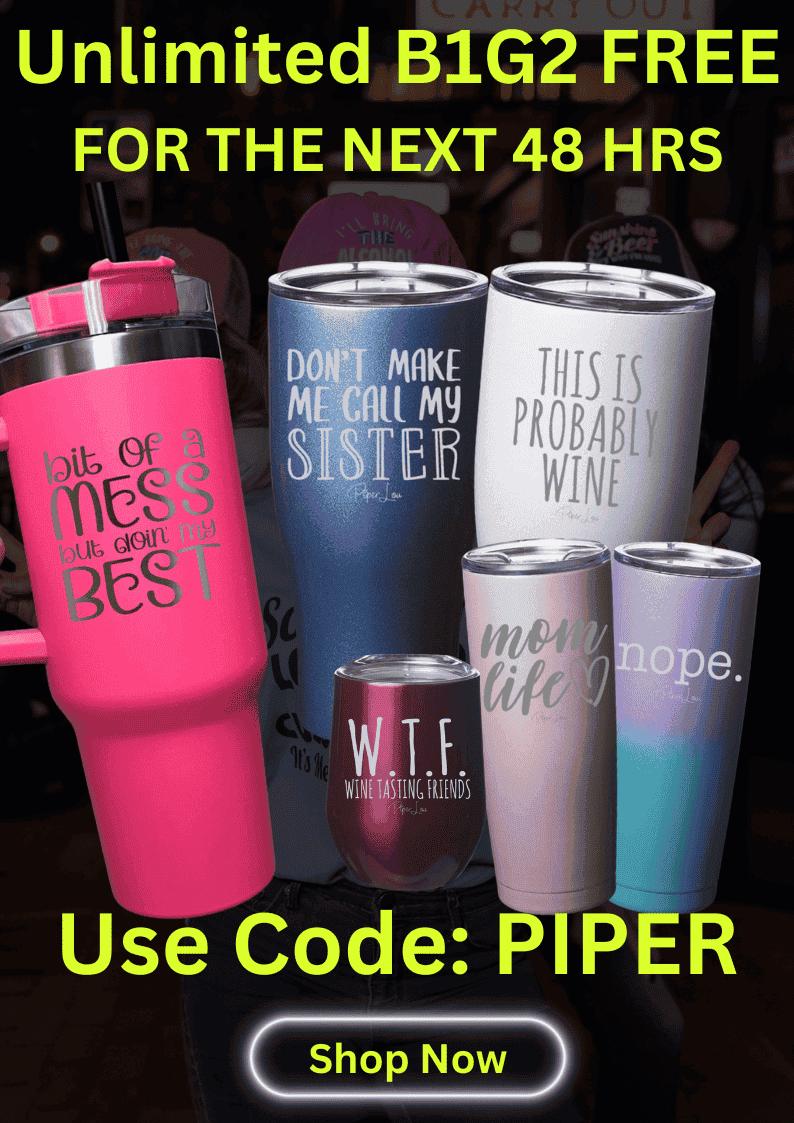 Pink 40 oz, 4 other 27oz tumblers and exciting colors showing the unlimited buy 1 get 2 promotion with code piper