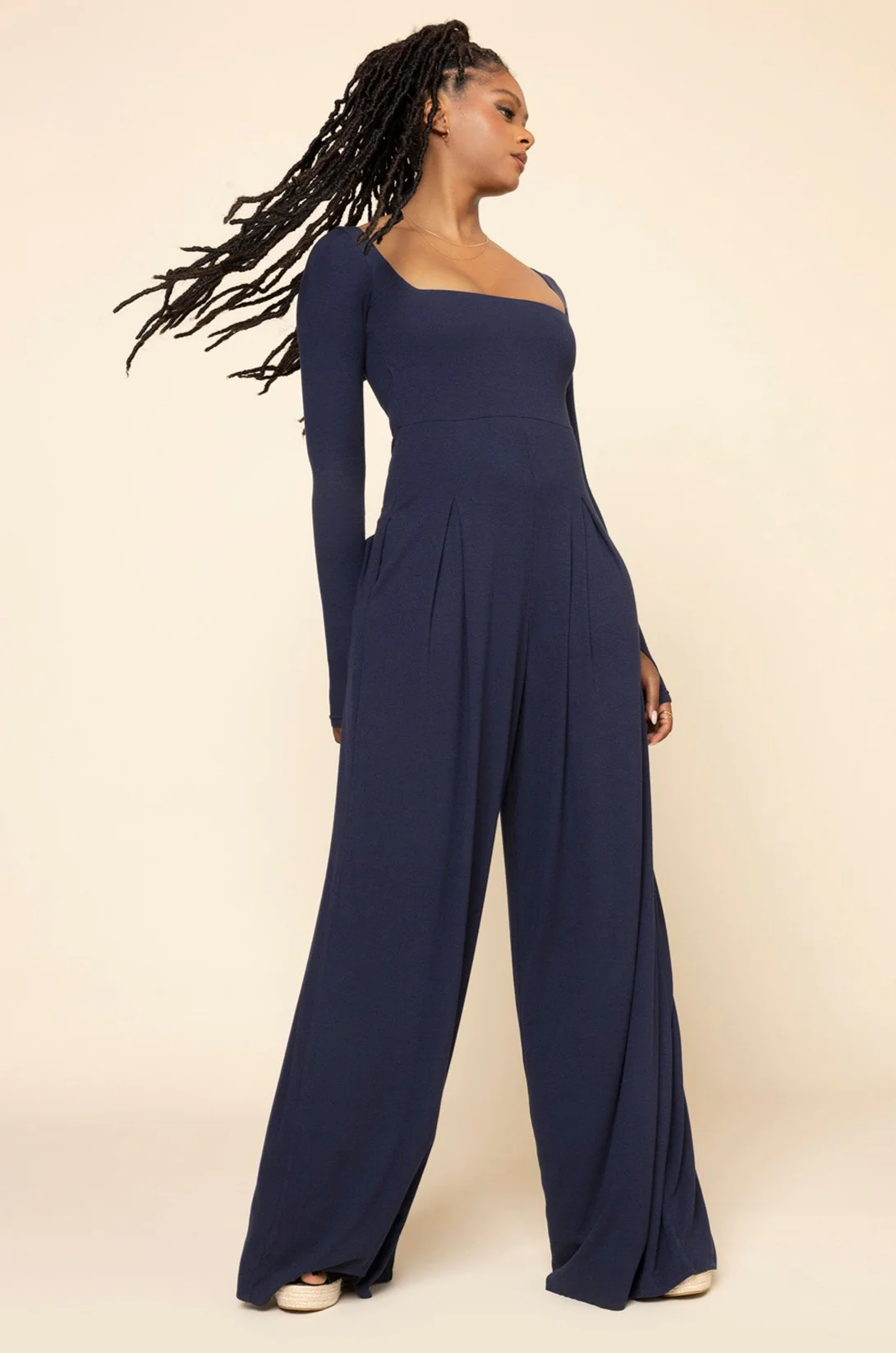 Image of Go With The Flow Long Sleeve Jumpsuit - Cosmic Navy