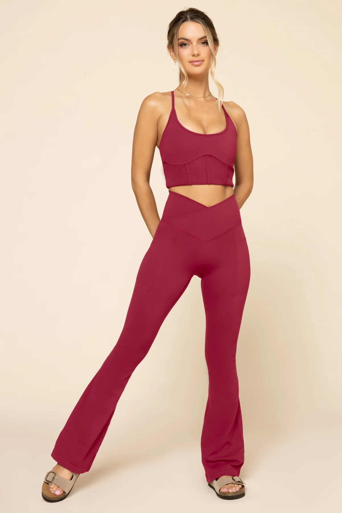 Image of Crisscross Hourglass® Flared Leggings with Pockets - Ruby