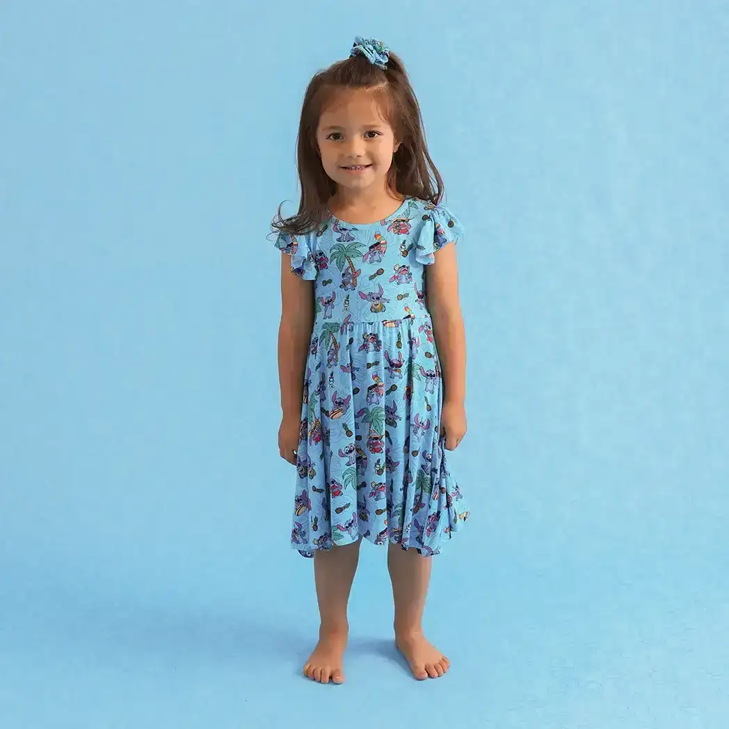 Image of Disney Tropical Stitch Ruffled Cap Sleeve Twirl Dress