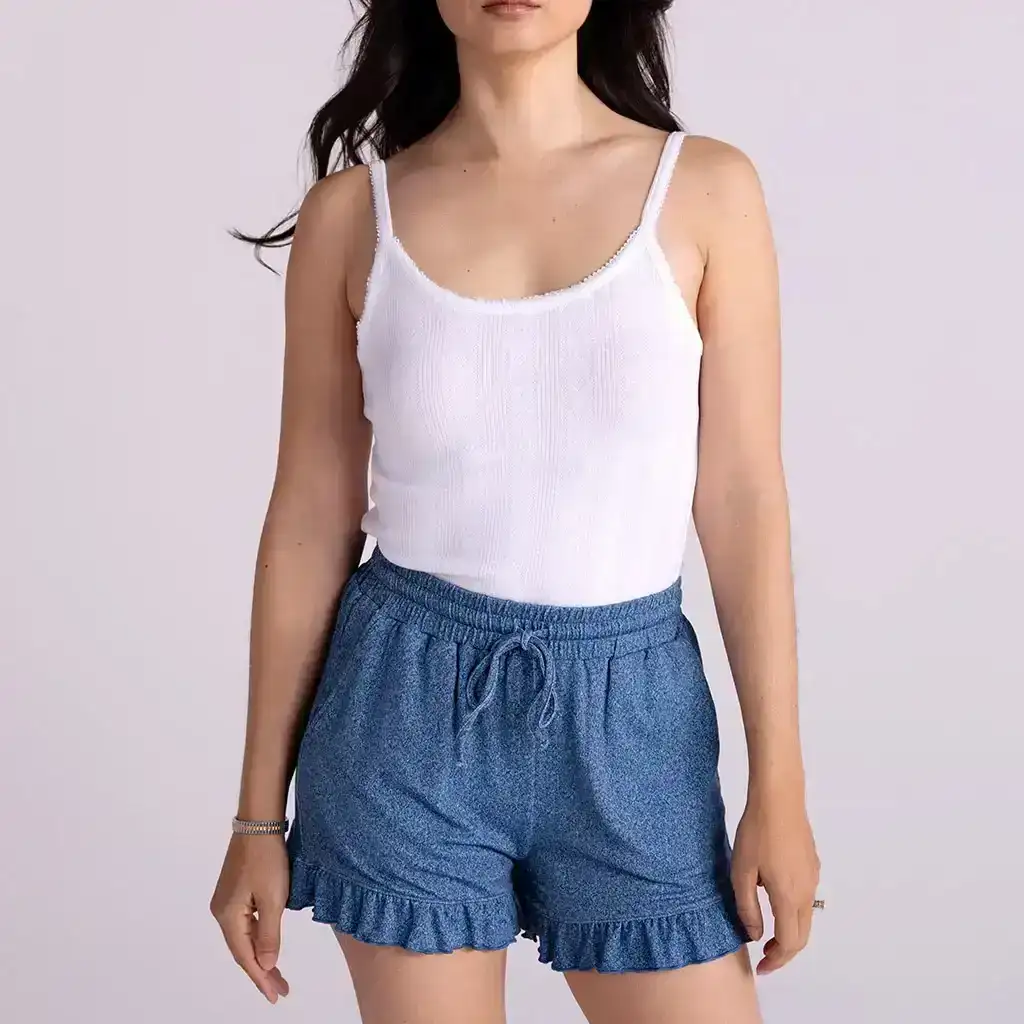 Image of Indigo Denim Women's French Terry Ruffled Shorts