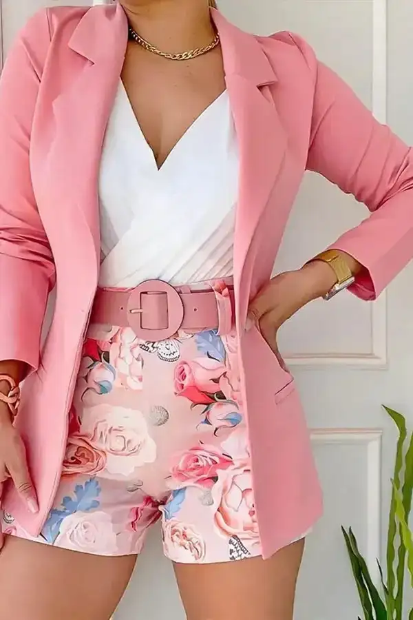 Rose Print Commuting Notched Lapel Pant Suit