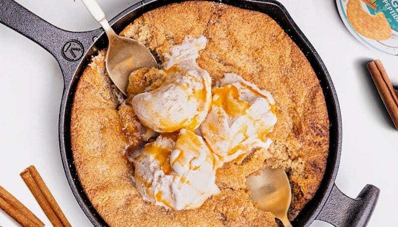 Skillet Cookie topped with ice cream and caramel