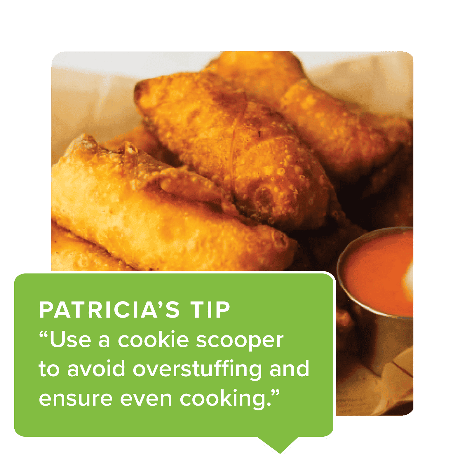 Buffalo Chicken Egg Rolls - Patricia's Tip: "Use a cookie scooper to avoid overstuffing and ensure even cooking."
