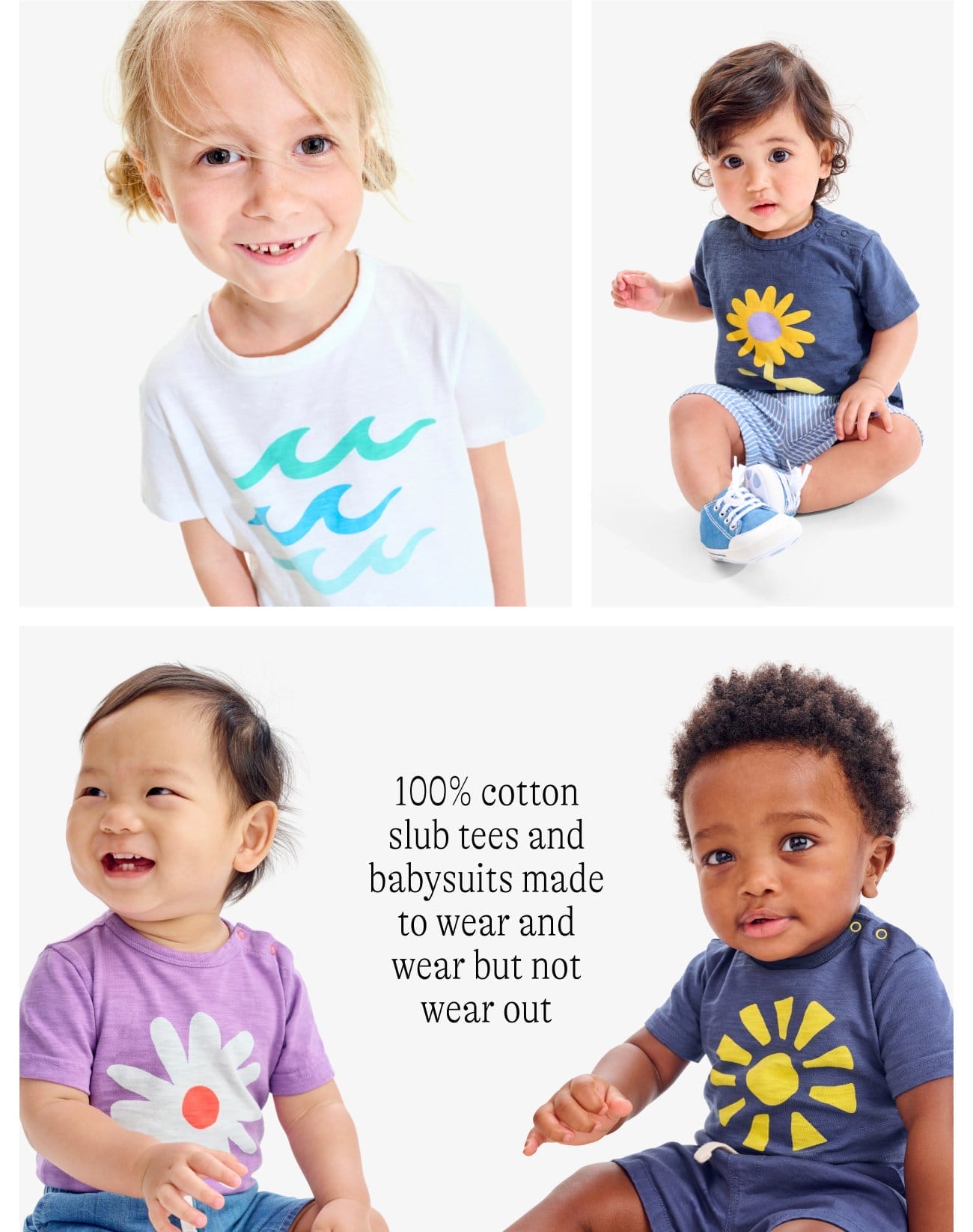 100% cotton slub tees and babysuits made to wear and wear but not wear out
